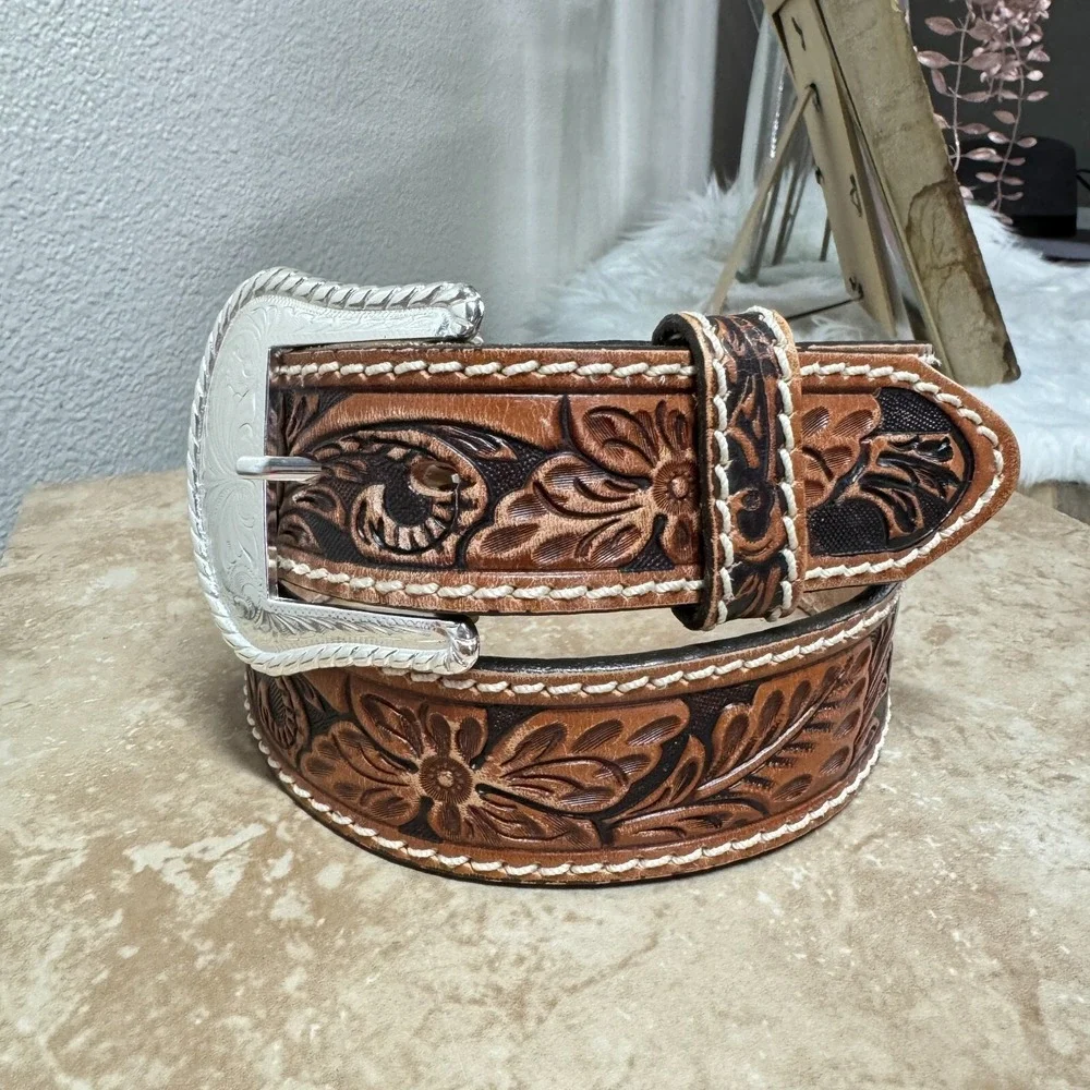 Tony Lama Belt Mens 30 Western Filigree Tooled Floral Leather Cowboy‎ Rodeo Tan